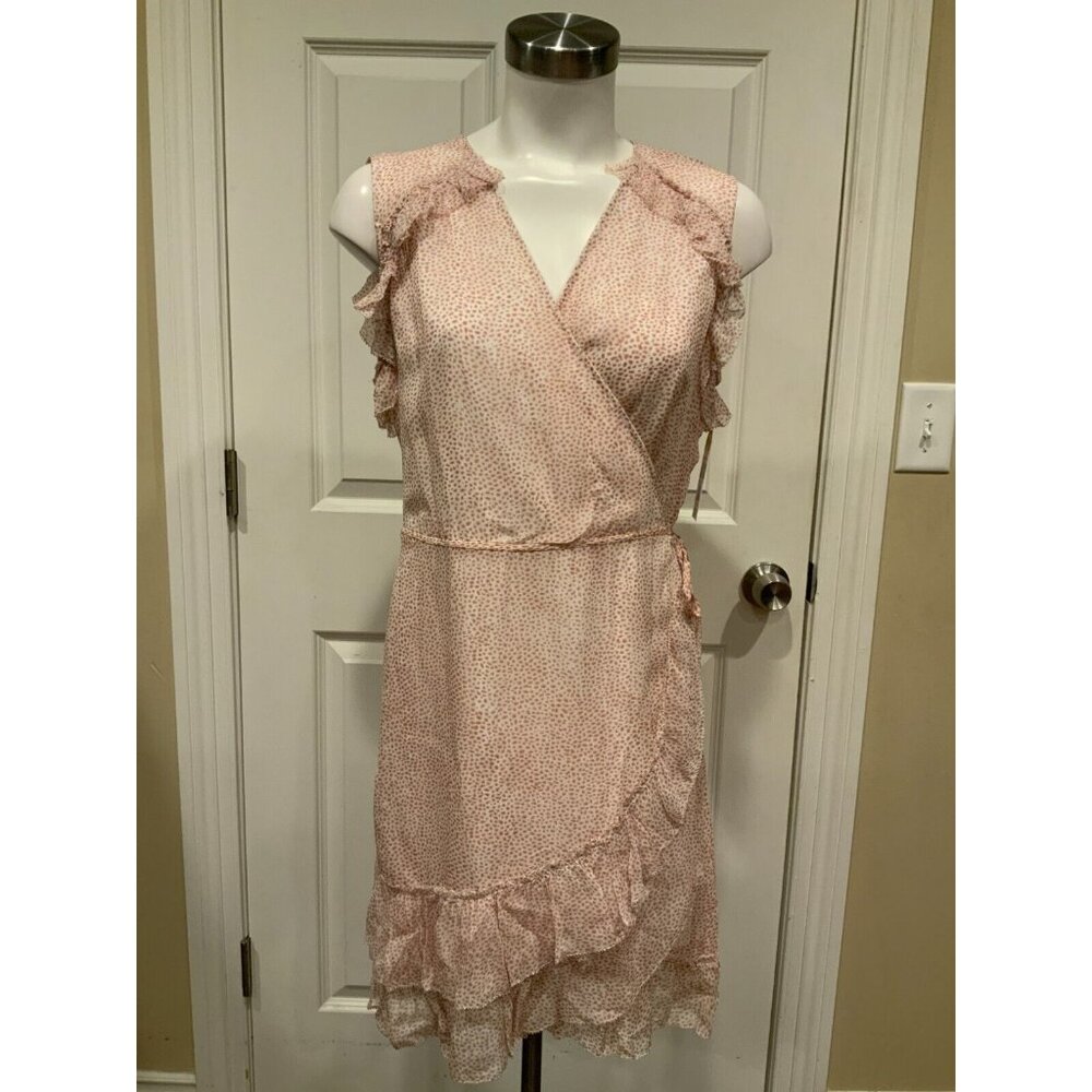 ALLSAINTS Pink & White Ecru Animal Print Wrap Dress Ruffled, Size Large
